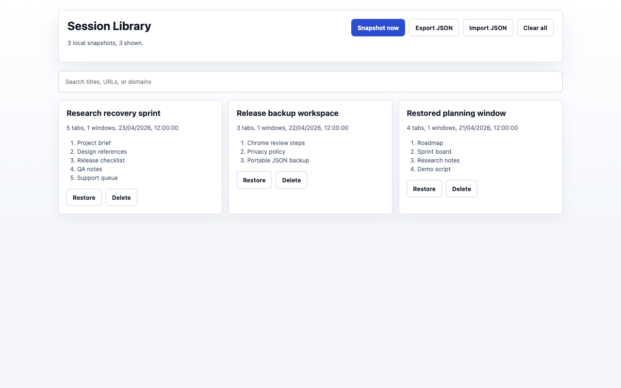 Session Rescue library showing saved local snapshots, search, restore, export, import, and clear controls.